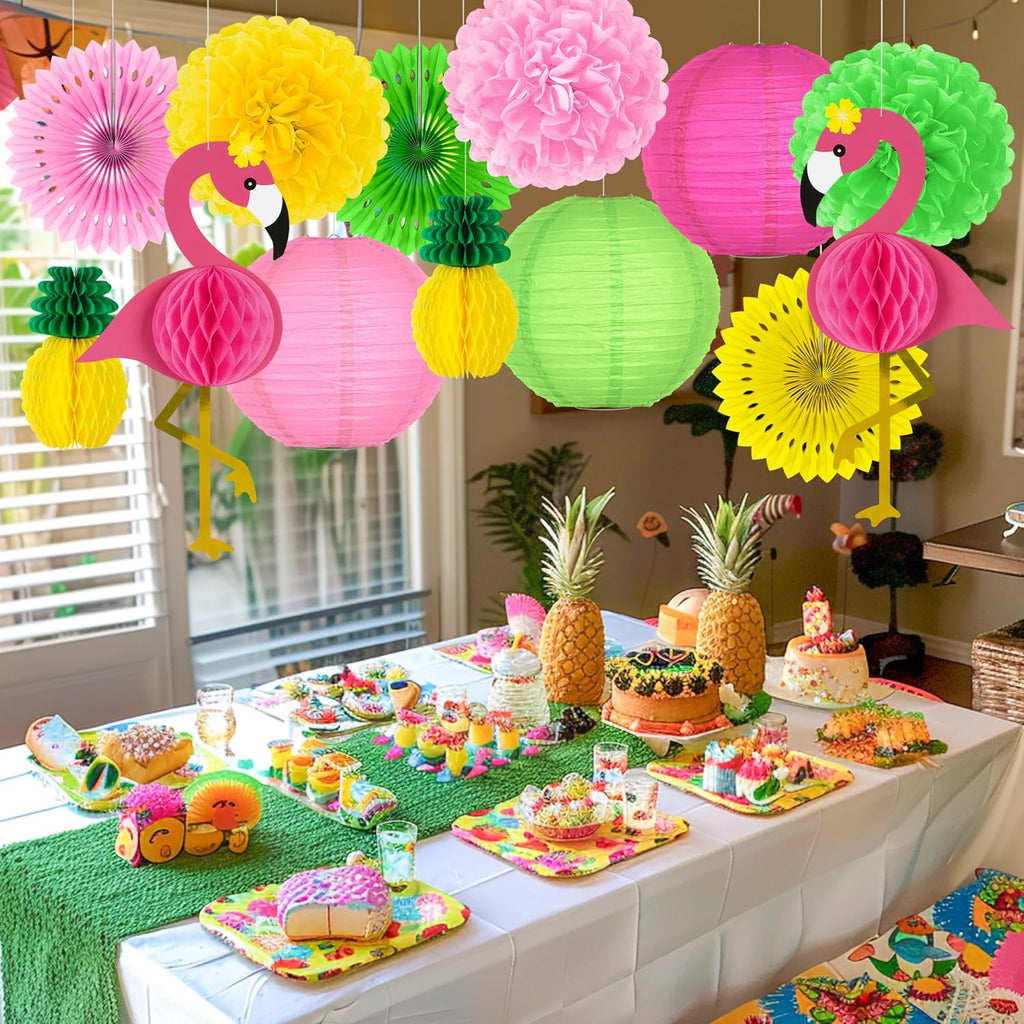 13PCS Hawaiian Party Decorations, Luau Party Decorations, Flamingo and Pineapple Honeycomb Paper Flowers Fans and