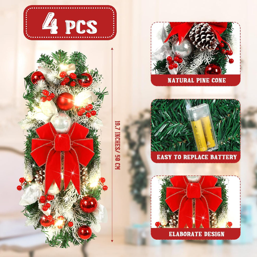 4 Pcs 19.7 Inches Light up Christmas Stair Swags LED Prelit Teardrop Swag Norfolk Pine Garland Artificial Stairs