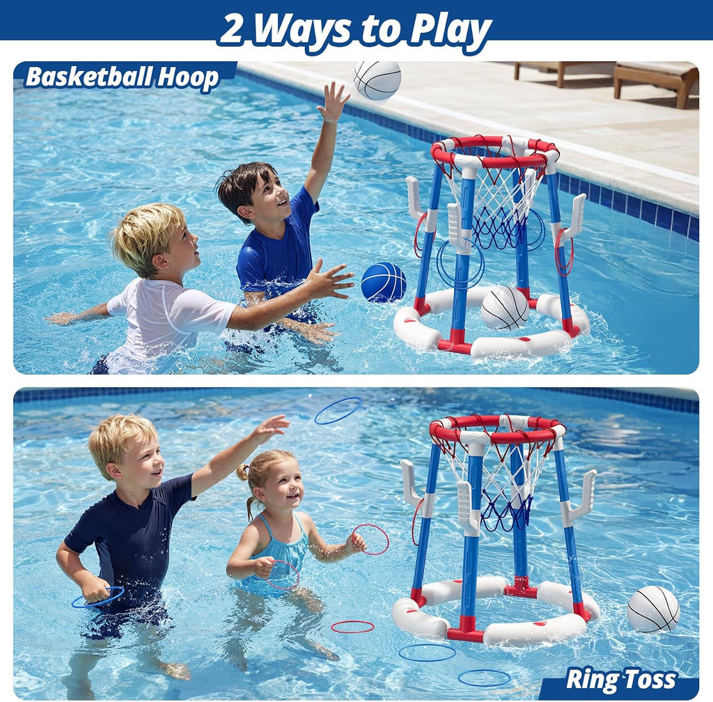 2 in 1 Pool Basketball Hoop with Ring Toss, Floating Pool Toys, Red | Anti-Tip Stable Base with 4 Balls/8 Rings/Pump
