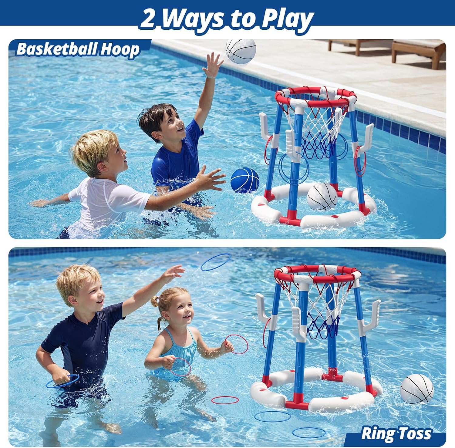 2 in 1 Pool Basketball Hoop with Ring Toss, Floating Pool Toys, Red | Anti-Tip Stable Base with 4 Balls/8 Rings/Pump