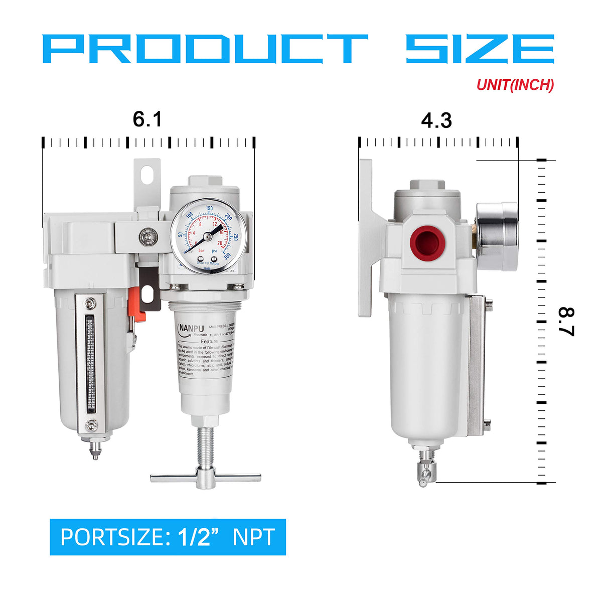 NANPU 1/2" NPT High Pressure Air Filter/Regulator Combo, T-Handle