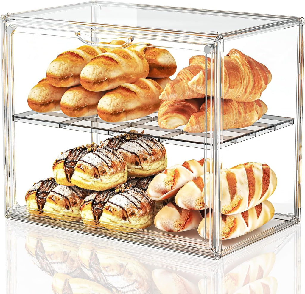 Pastry Display Case, 2 Tier Bread Box for Kitchen Countertop, Acrylic Bread Container with Magnetic Door, Large
