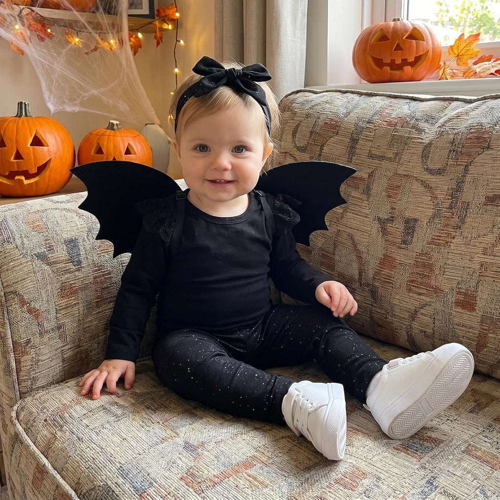 Infant Toddler Baby Girls Halloween Costume Black Bat 4PCS Set | Black Bat Long Sleeve Ruffle Romper