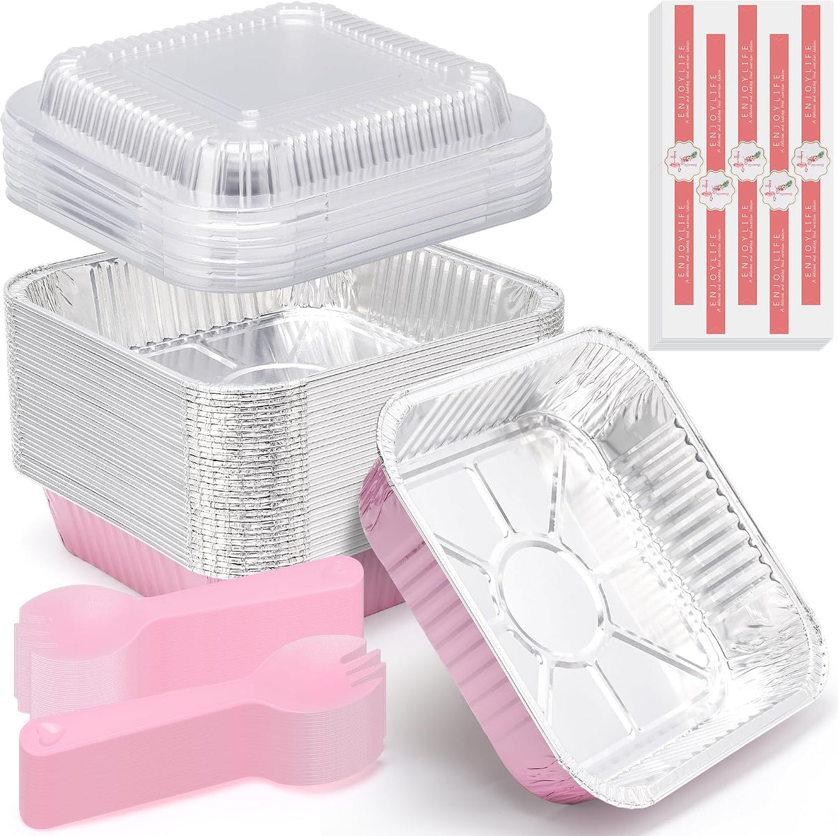 (35 Pack)Pink 8x8 Inch Disposable Aluminum Foil Pans&Square Cake Pans for Parties, Clear Plastic Lids,Eco-Friendly