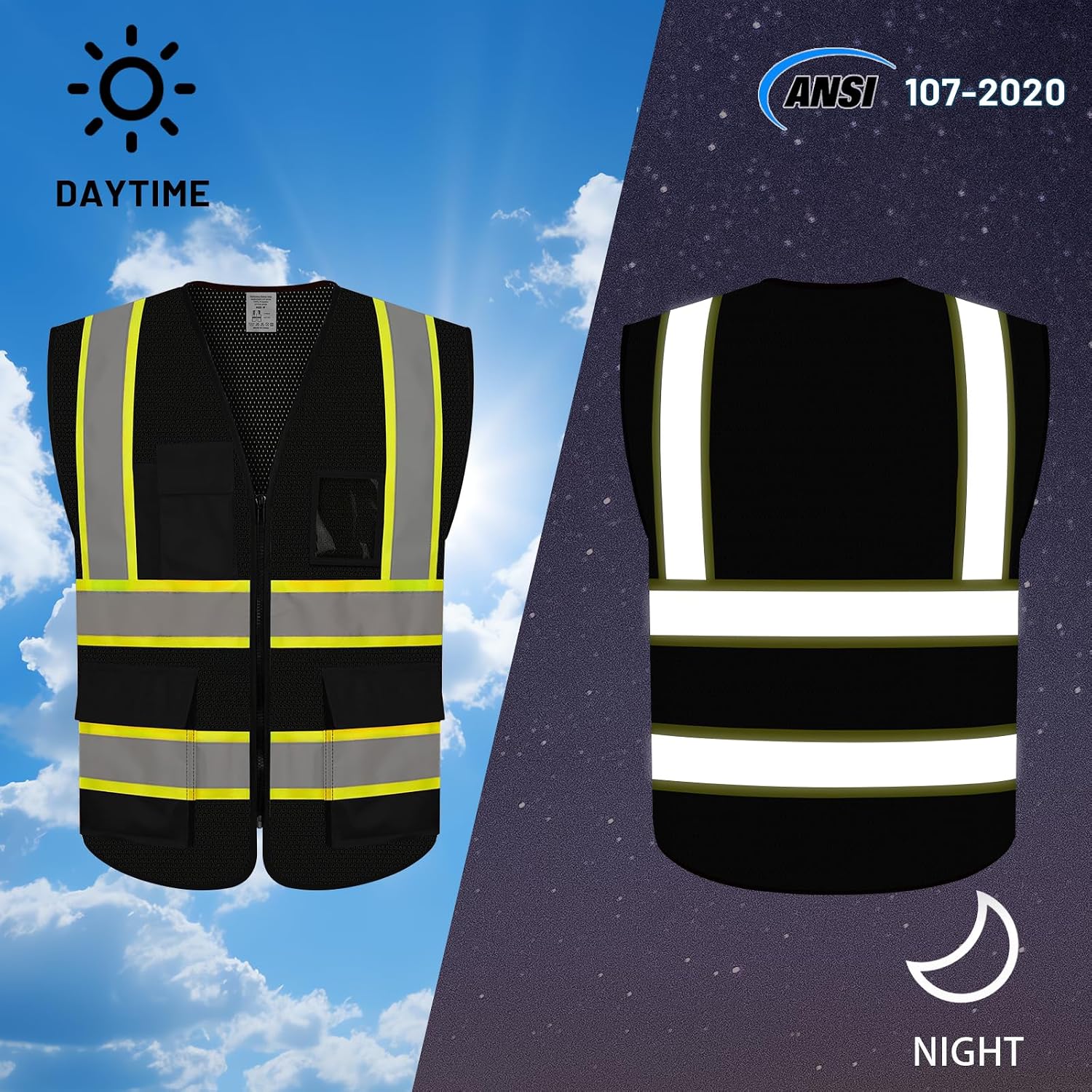 Safety Vest for Men, Hi Vis Reflective Vest with Zipper, Black, L | High Vis Vest with Pockets, Construction Mesh
