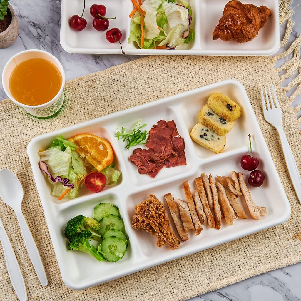 Compostable Disposable 5 Compartment Paper Plates, 12.5inch