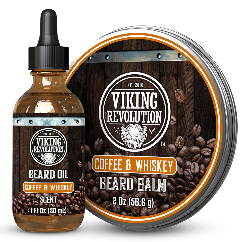 Coffee and Whiskey Beard Balm for Men (2oz) and Beard Oil (1 fl oz) Kit - With Argan and Jojoba Oils - Soften and