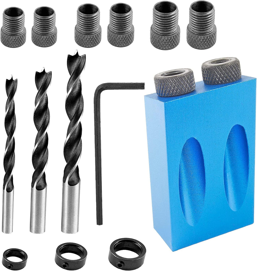 14 Pcs Pocket Hole Jig Kit, 15 Degree Woodworking Inclined | 6/8/10mm Drive Adapter, Clip