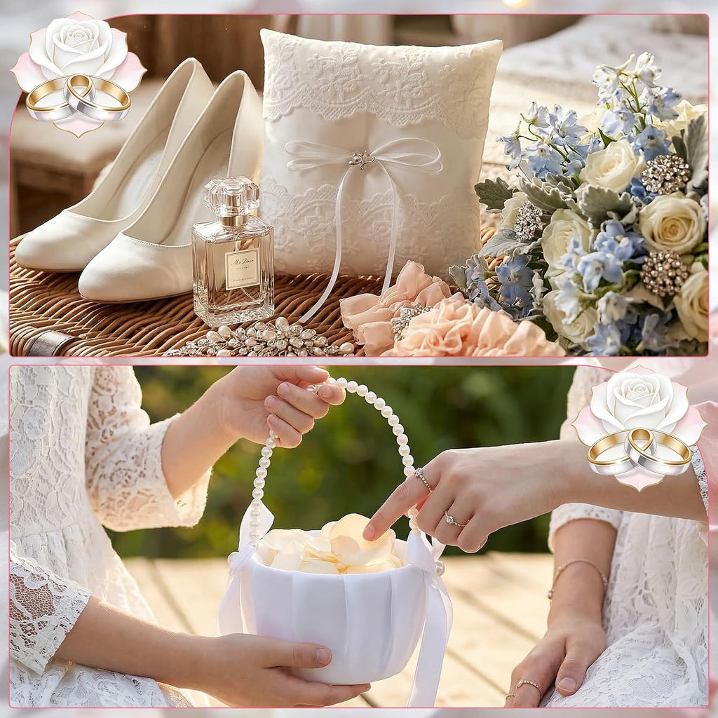 Wedding Flower Girl Basket and Ring Bearer Pillow Set 200 Ivory Rose Petal