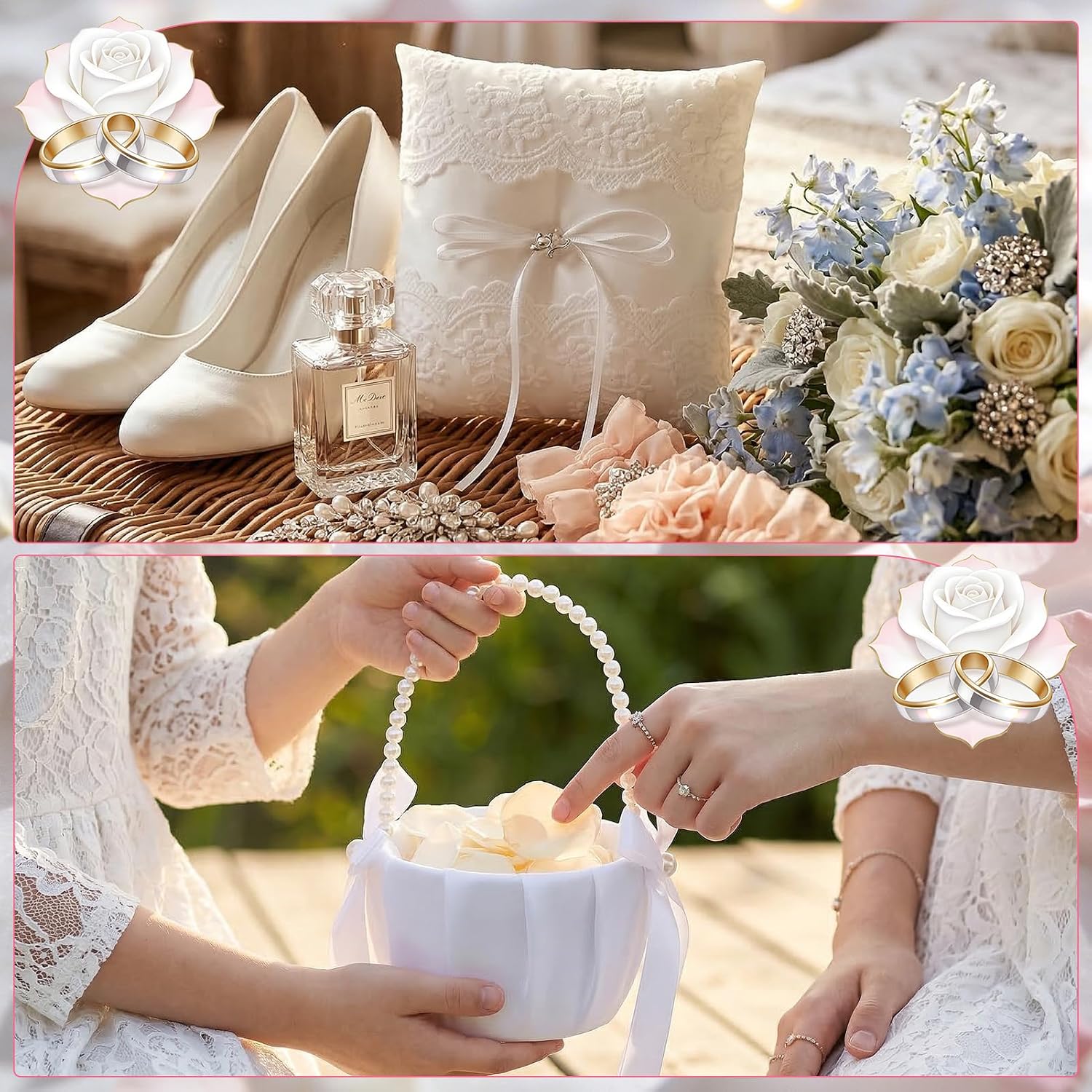 Wedding Flower Girl Basket and Ring Bearer Pillow Set 200 Ivory Rose Petal