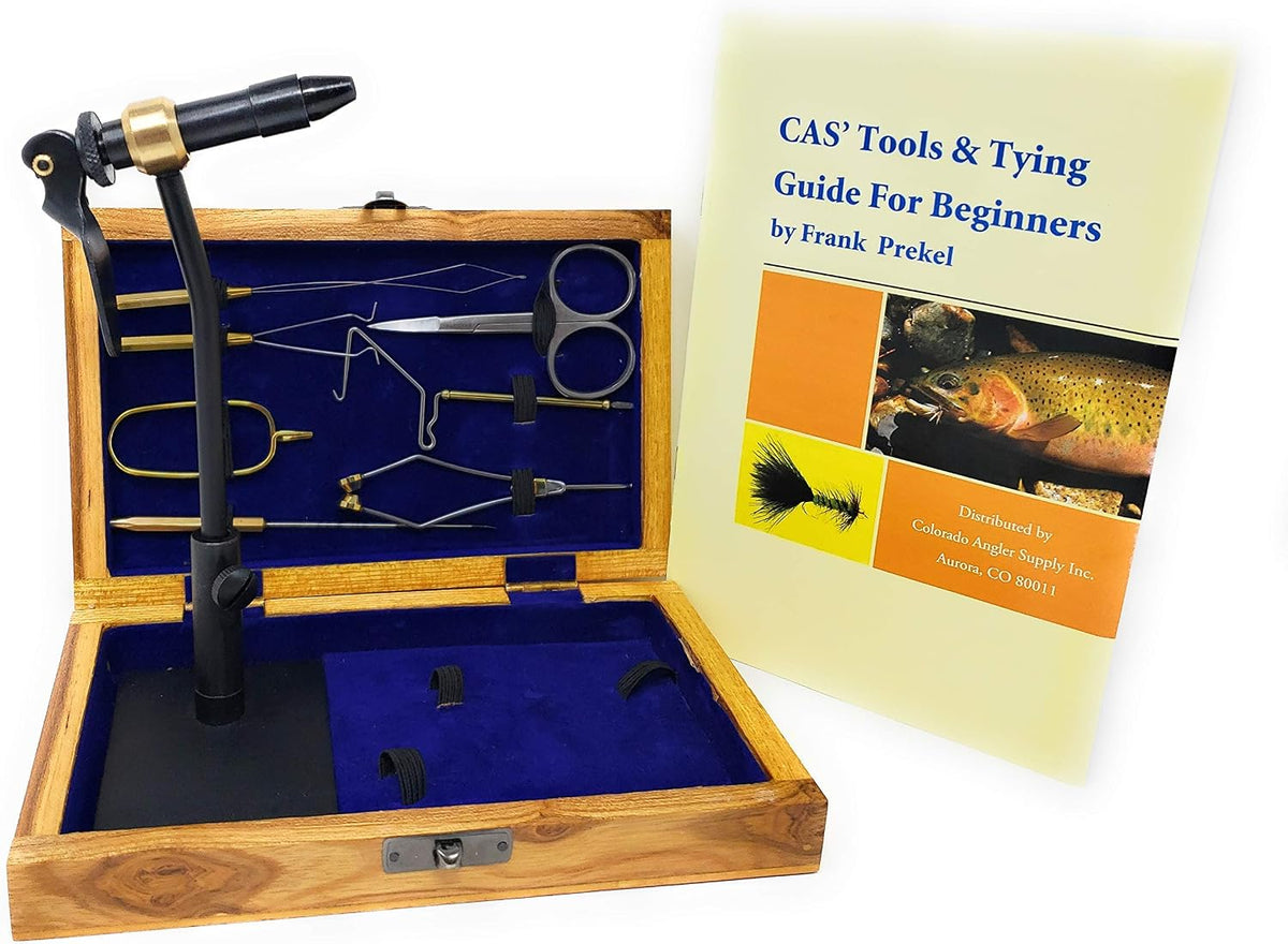 Colorado Anglers Fly Tying Standard Tool Kit with Wooden Box & Book, Rotary Vise, Bobbin, Scissors, Whip Finisher