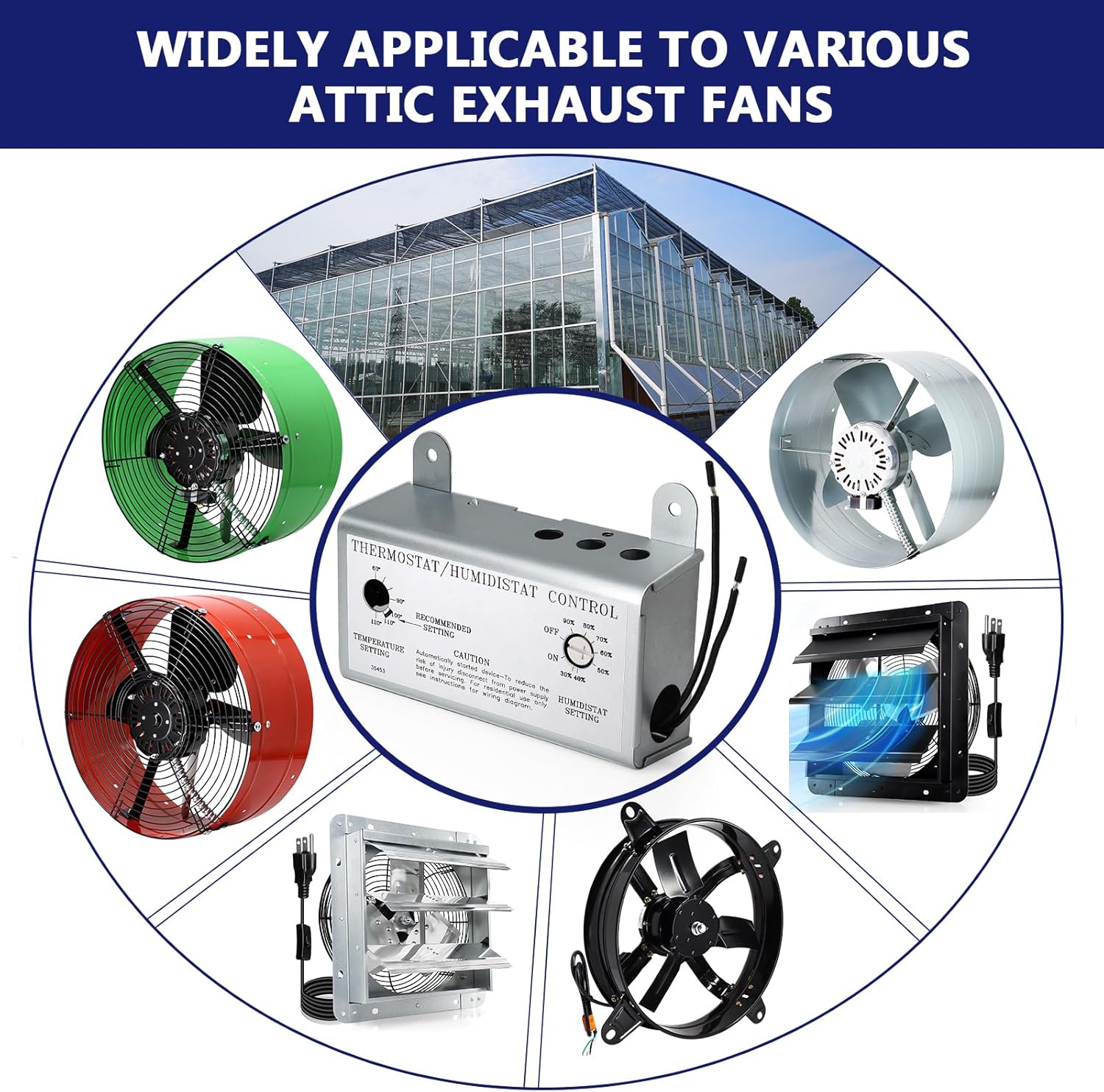 Attic Fan with Thermostat Humidistat Controller, Adjustable Temperature Humidity Controller for Workshops Greenhouses