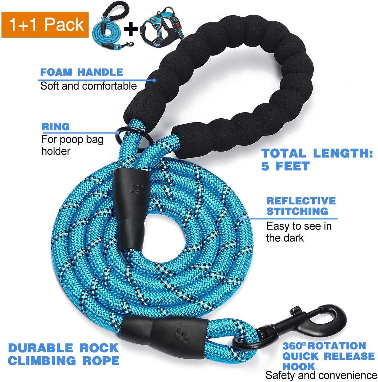 No Pull Dog Harness Adjustable Reflective Oxford Easy Control Medium Large Dog Harness with A Free Heavy Duty 5ft Dog