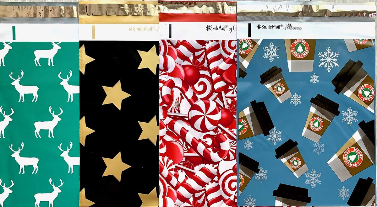 Xmas Holiday Designers Poly Mailers 10x13 : Candy Cane, Reindeer Deer Elk, Gold & Black Stars; Printed Self Sealing
