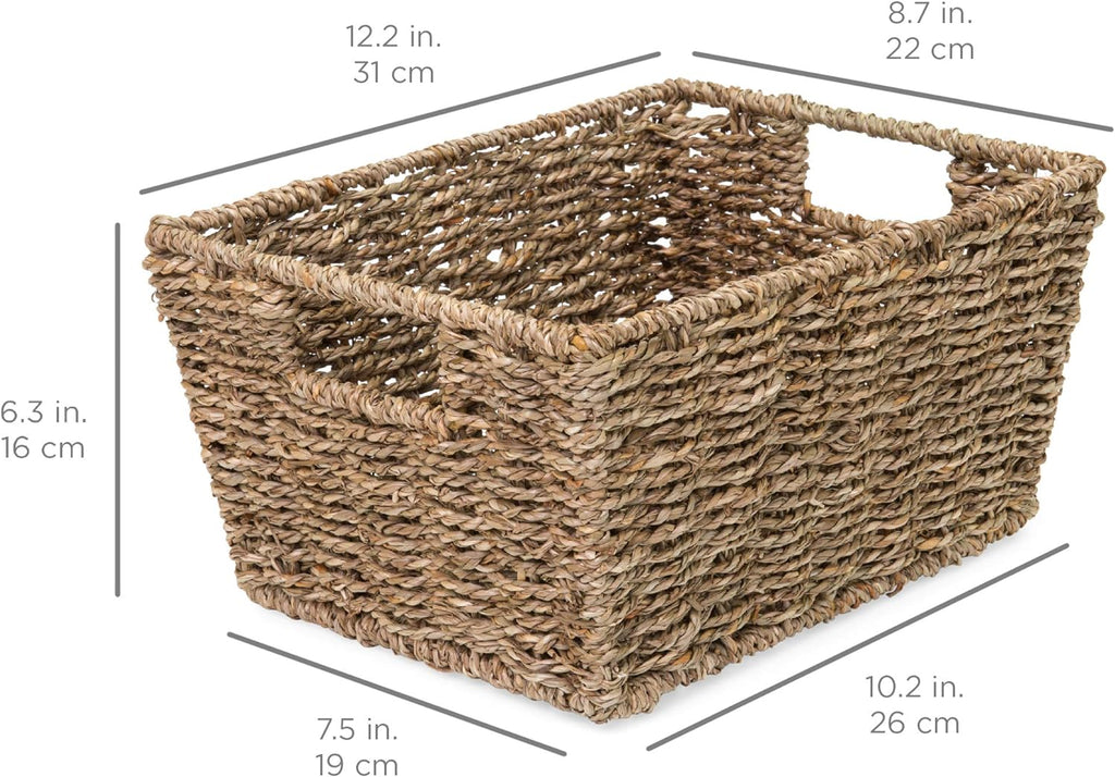 Rustic Set Of 4 Multipurpose Stackable Seagrass Storage Basket, Handwoven Laundry Organizer Totes for Bedroom and