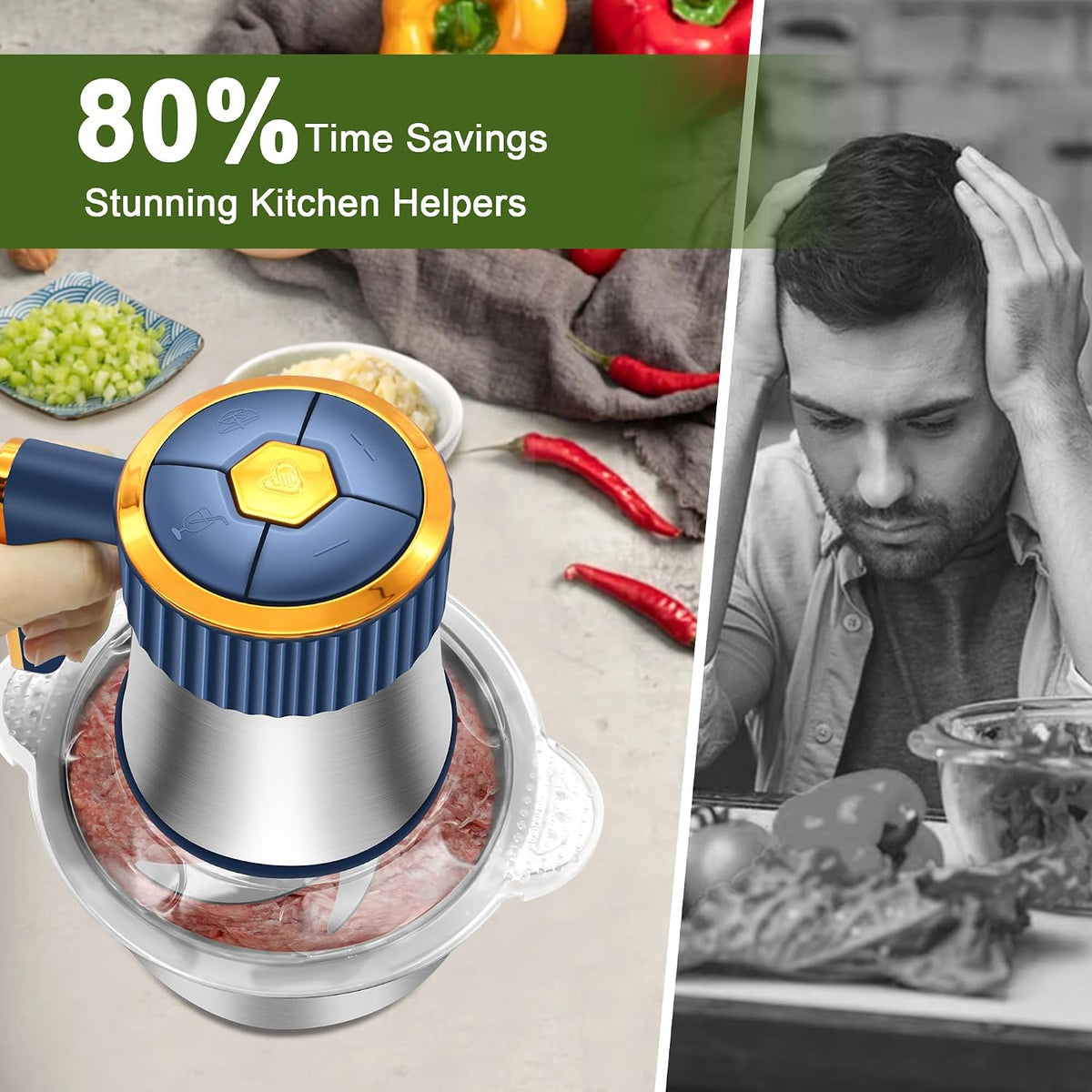 Food Processor, 5-Speed Food Chopper, Electric Meat Grinder, Blue | 2 Bowls (8 Cup+8 Cup) & 2 Sets of Blades, Meat