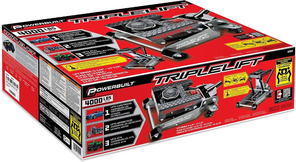 2 Ton Triple Lift Floor Jack, Lifts Cars, Trucks, Motorcycles, ATV's, Transmissions, Tie-Down Loops, Locking Safety