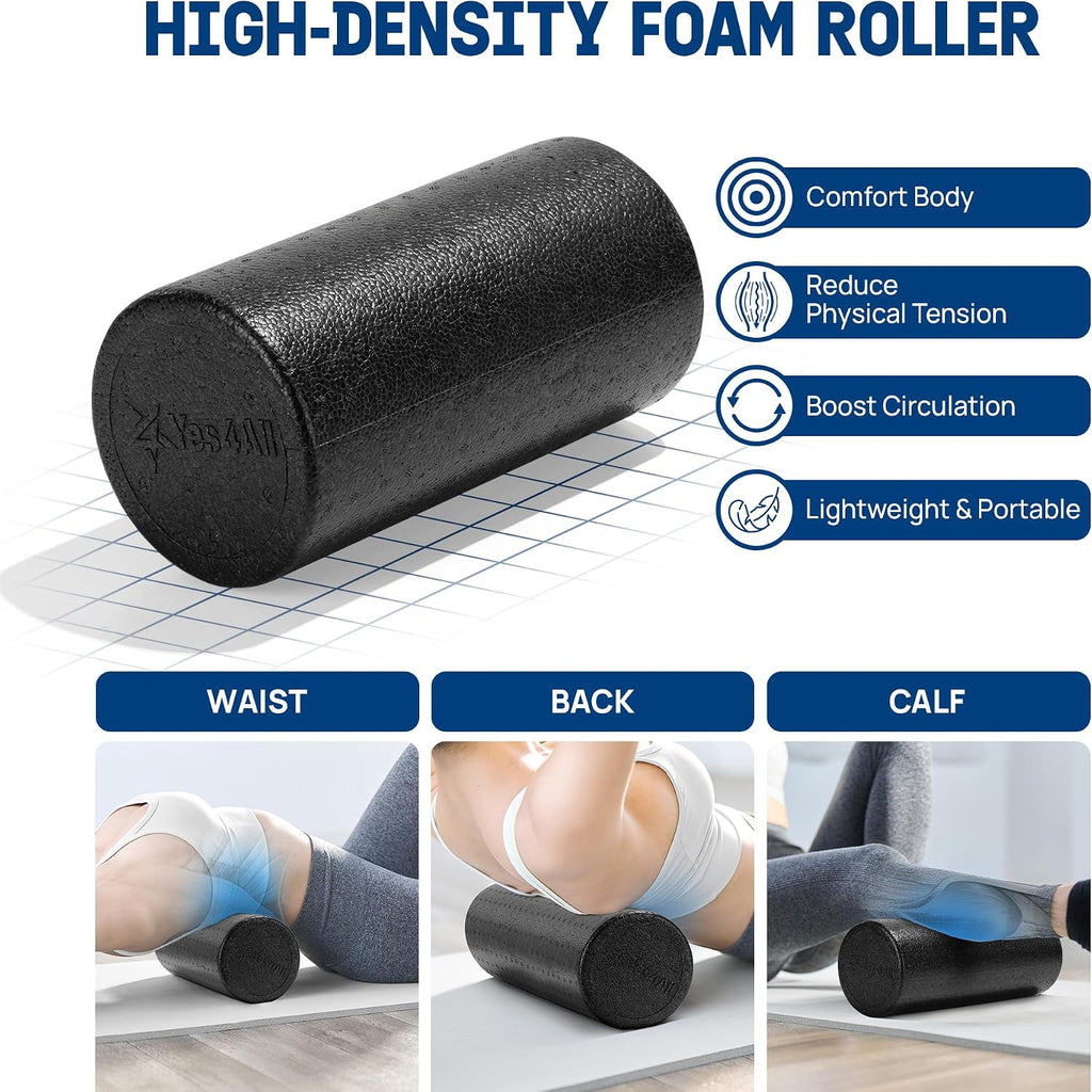 Foam Muscle Roller Set, 7-in-1 High-Density Set of Back Roller, Fascia Massage Tool, Stretch Strap, Spiky, Peanut &