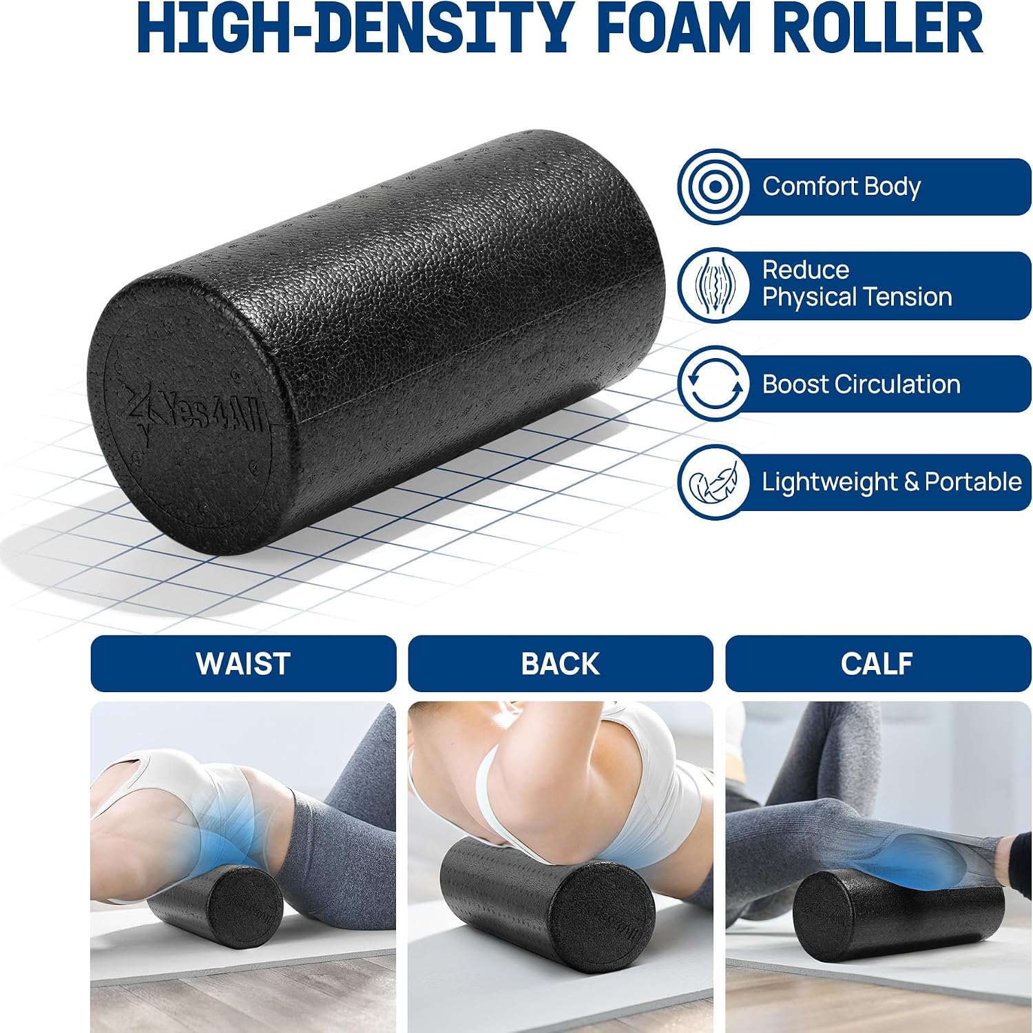Foam Muscle Roller Set, 7-in-1 High-Density Set of Back Roller, Fascia Massage Tool, Stretch Strap, Spiky, Peanut &