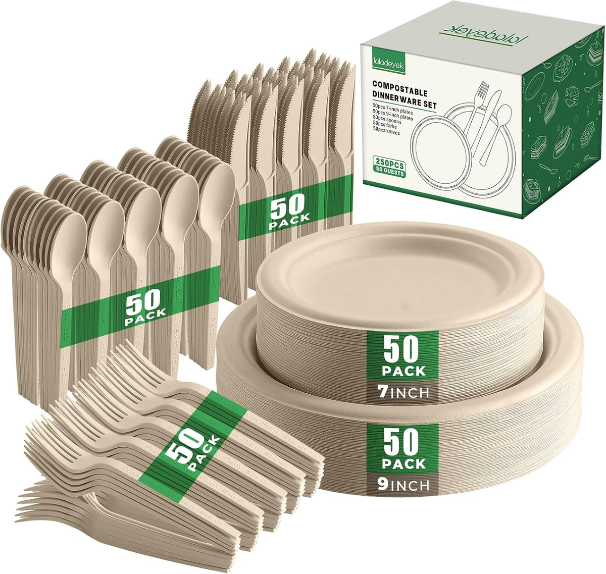 250 Piece Biodegradable Paper Plates Set Disposable Dinnerware Set, Eco Friendly Compostable (EXTRA LONG UTENSILS)