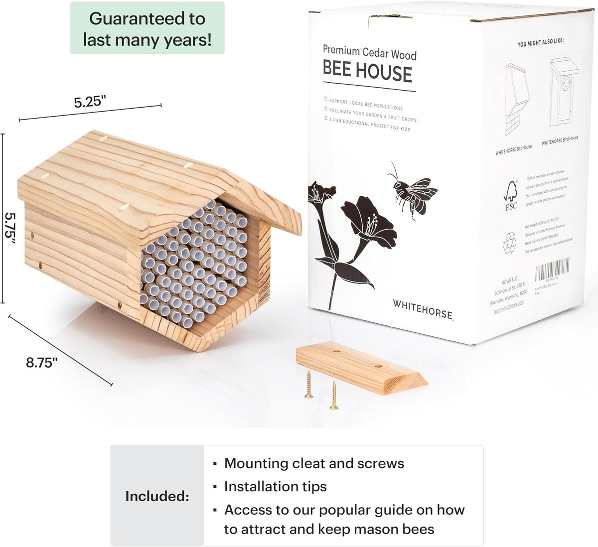 Premium Cedar Bee House - 6” Long Replaceable Tubes - Perfect for Mason Beekeeping - an Insect Hotel Built to Last