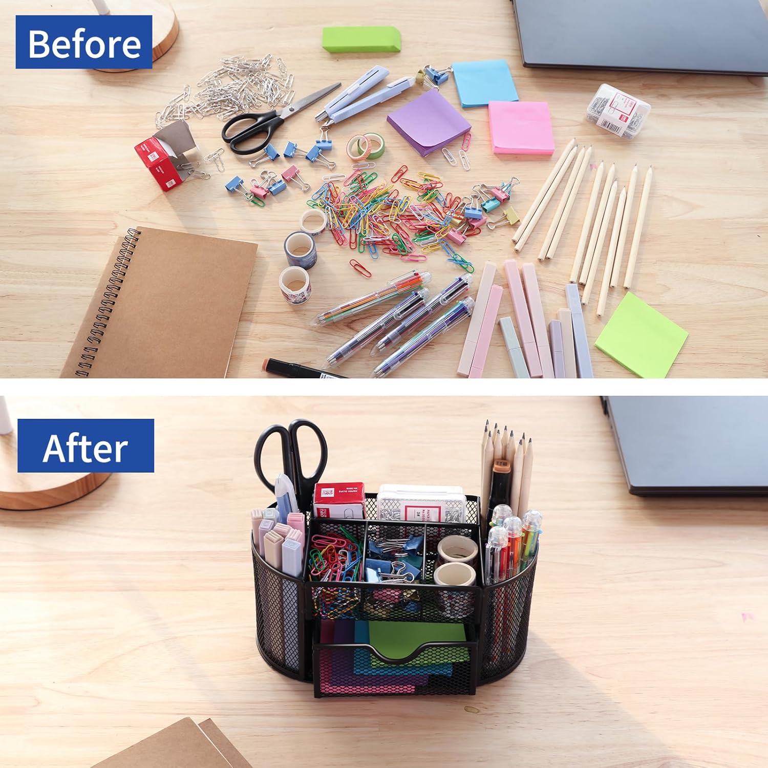 Desk Organizer, Pencil Holder for Desk, Mesh Office Desk Accessories with 8 Compartments and 1 Drawer Stationery