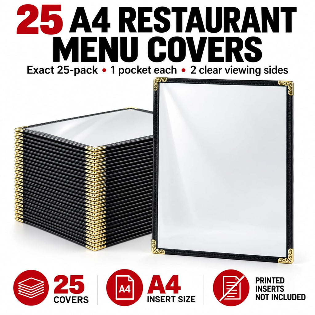 A4 Restaurant Menu Covers, 25 Pack, 8.3 x 11.7 inch, 1 Pocket, 2 Views