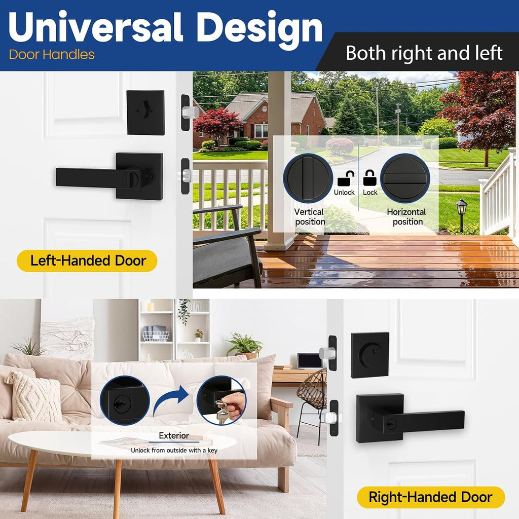 Front Door Lock Set Exterior Door Lock Set, Black Exterior Door Handle with Deadbolt - Keyed Alike Entry Door