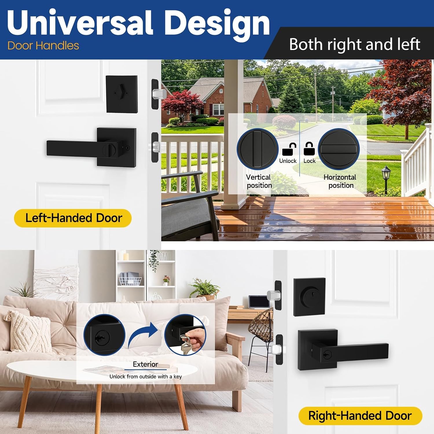 Front Door Lock Set Exterior Door Lock Set, Black Exterior Door Handle with Deadbolt - Keyed Alike Entry Door
