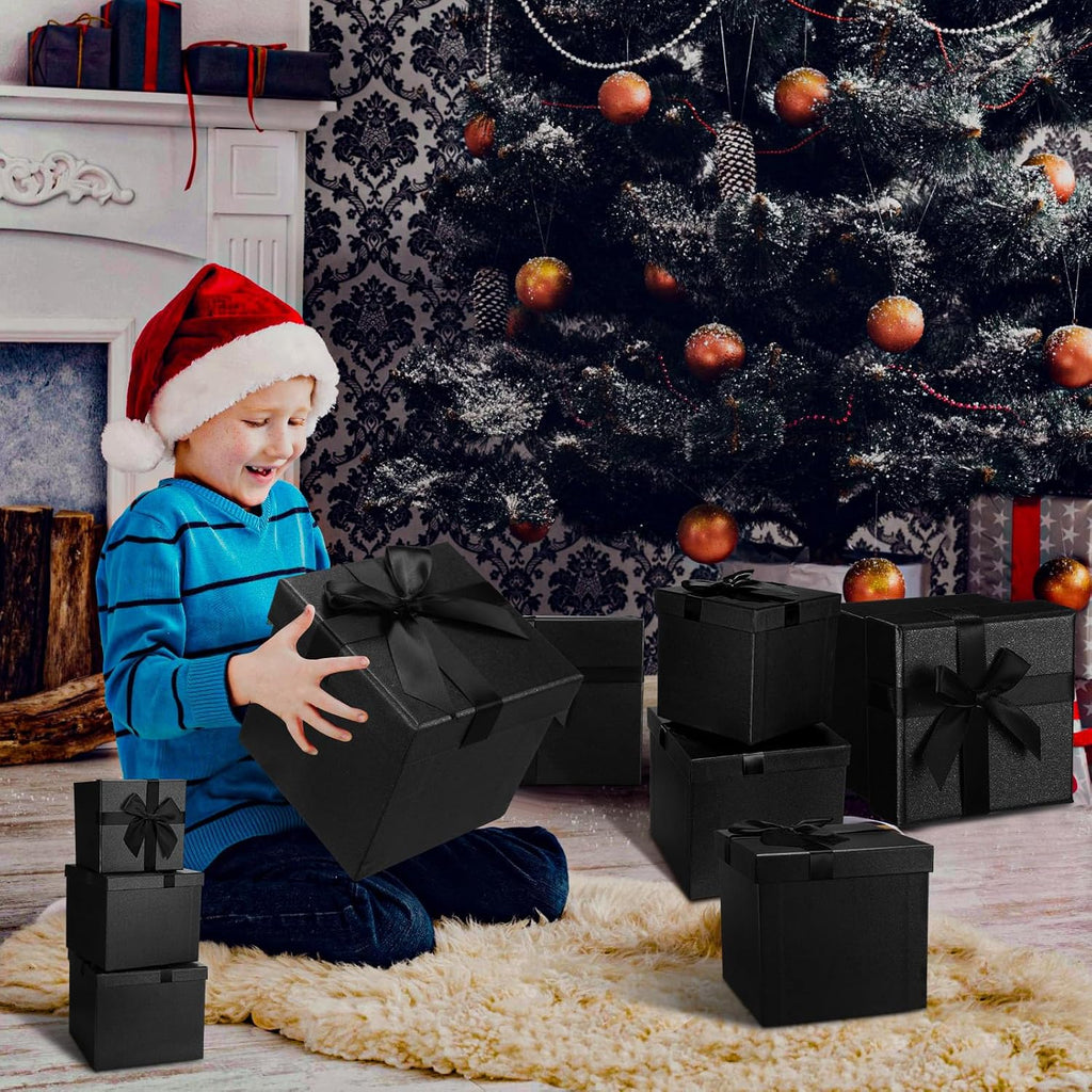 10 Pcs Xmas Gift Box with Lid Bow,Black,10 Size