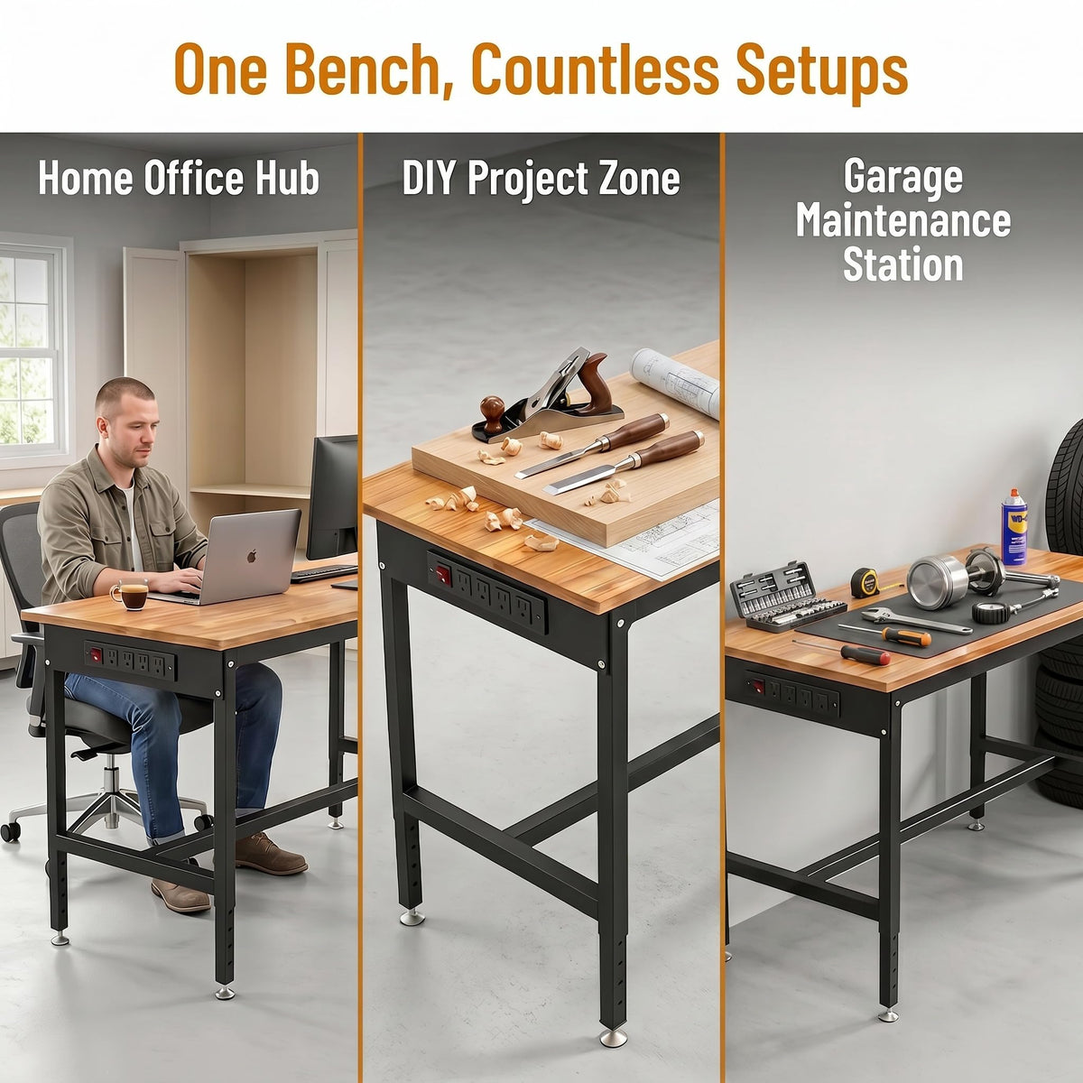 70 Inch Rolling Adjustable Workbench with Power Outlet