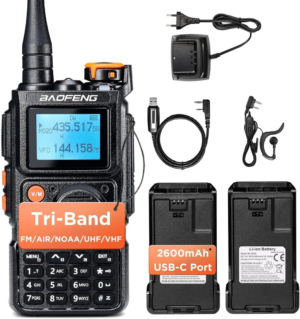 K6 Tri-Band Handheld Ham Radio, Dual 2600mAh Battery Radio | UHF/VHF/1.25M/NOAA/FM/Air Receiver, 999CH, Earpiece