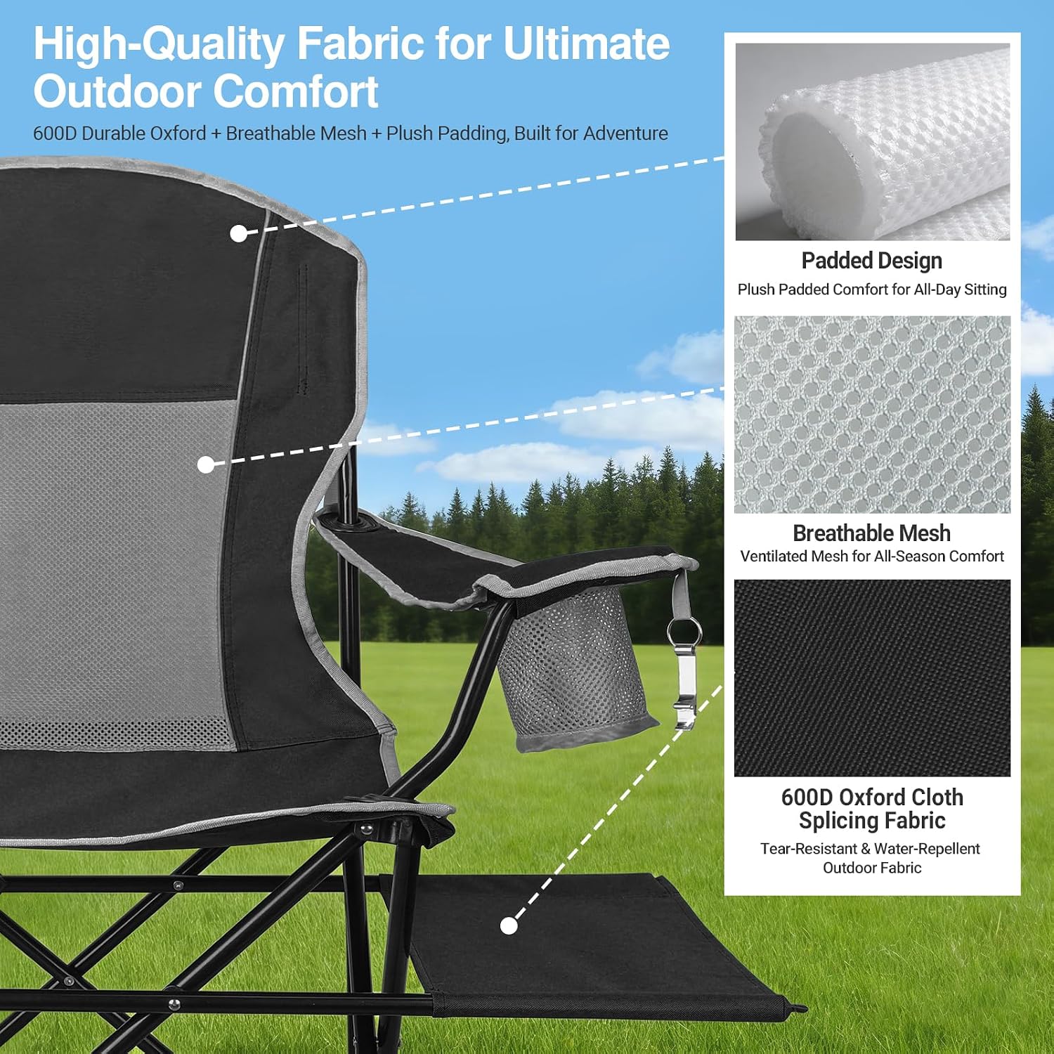 2-Pack Camping Chairs 350LBS Heavy Duty Folding Chair with Side Table | Portable, Sturdy, With Cup Holder