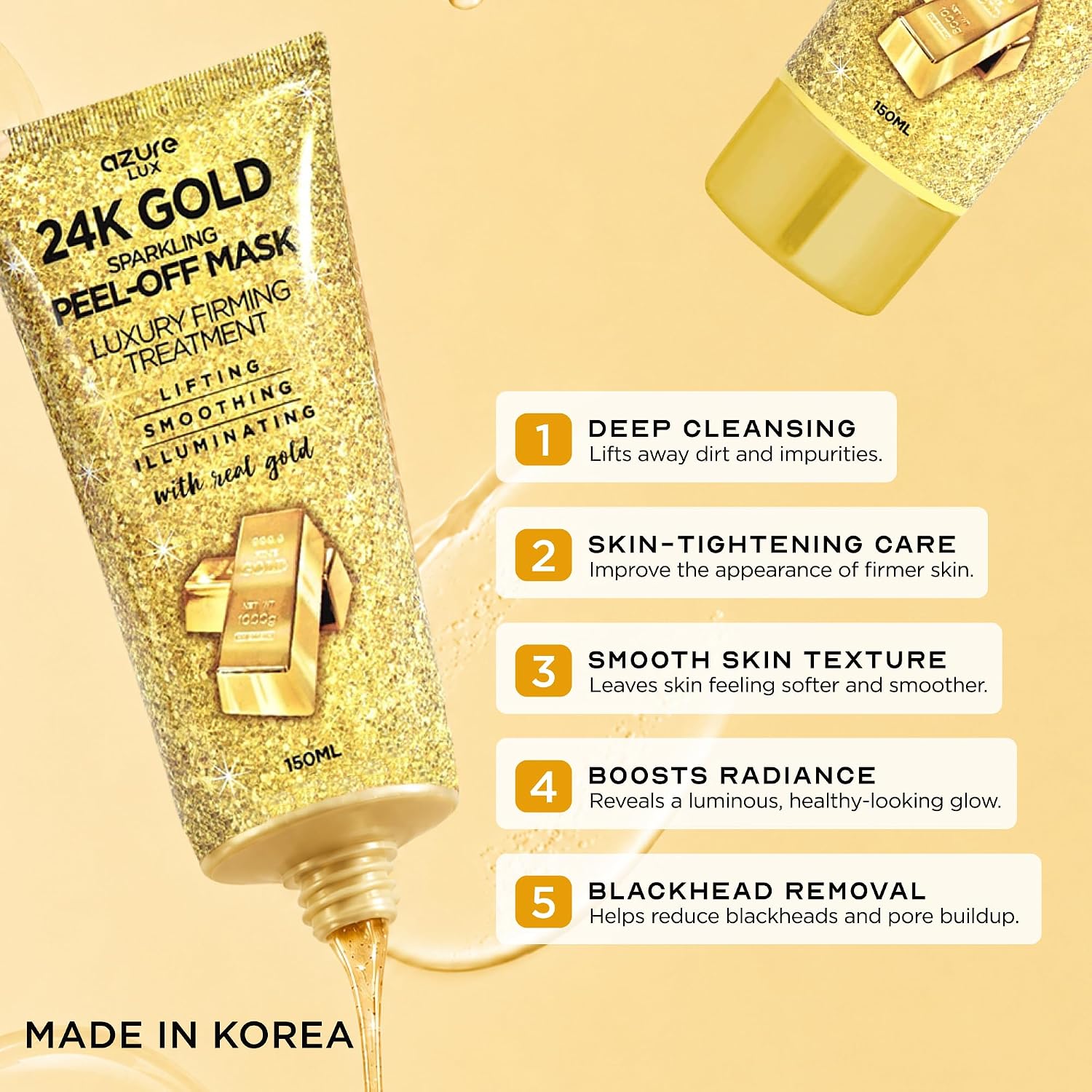 24K Gold Korean Skin Care Peel-Off Face Mask, Dermatologist Tested, 5 Oz