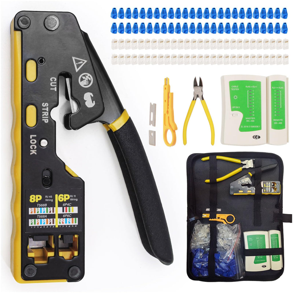 TuolandX Pass Through RJ45 Crimp Tool Kit with Tester and Carrying Case