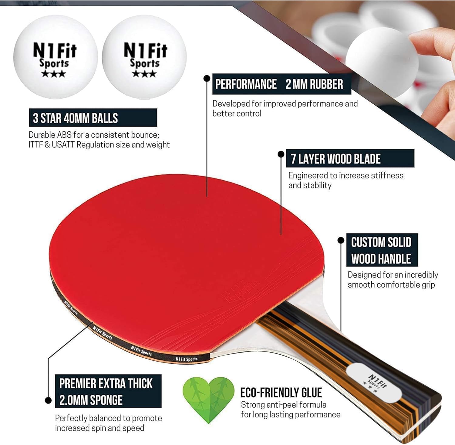 Ping Pong Paddle Set - 4 Professional Rackets, Retractable Net, 6 Pig Pong Balls, Carry Case - Indoor and Outdoor