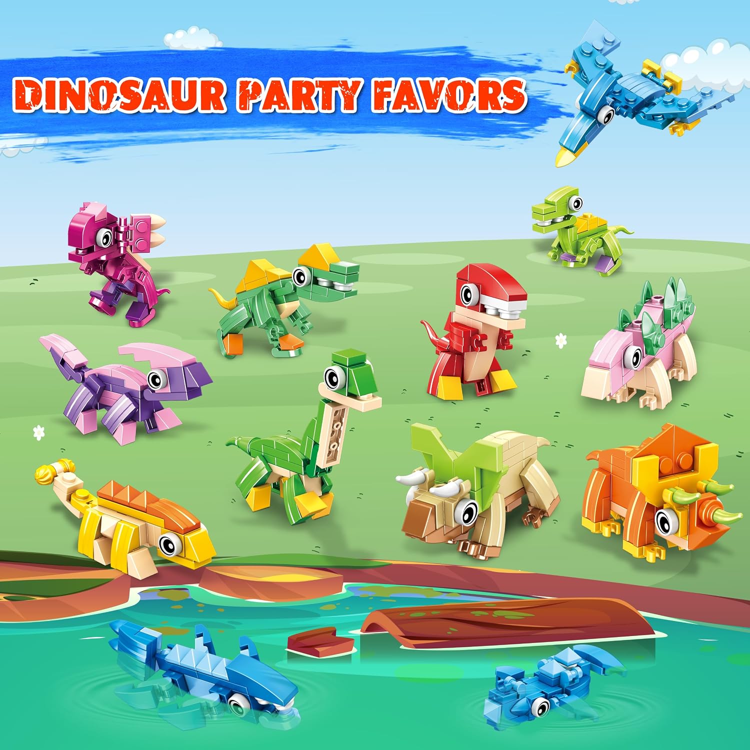 12 Packs Dinosaur Party Favors for Kids - 417 PCS Mini Dinosaur Building Blocks Set Toys for Boys Kids Easter