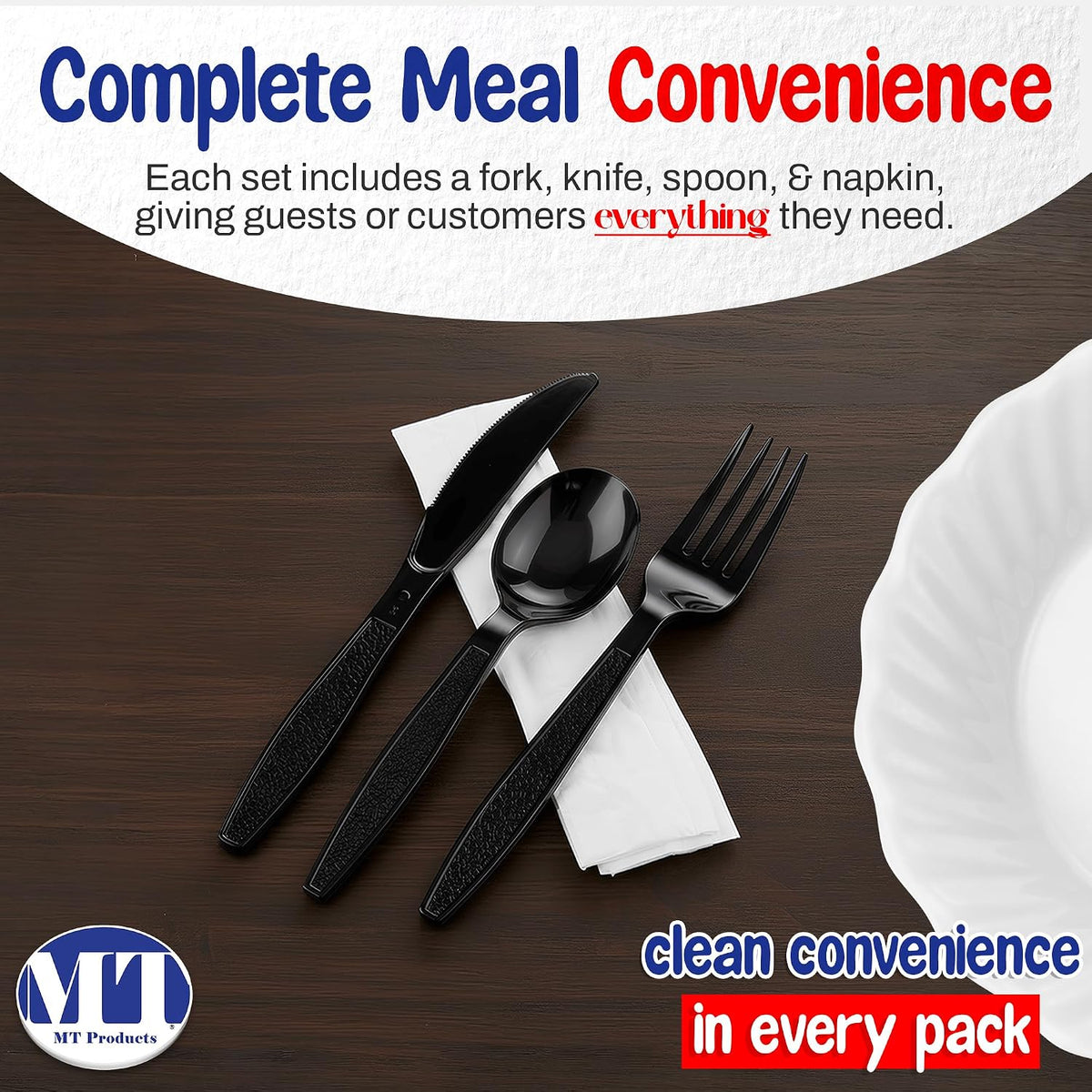 Black Individually Wrapped Plastic Cutlery Set - Disposable Heavy Weight Utensils - Pack of 50