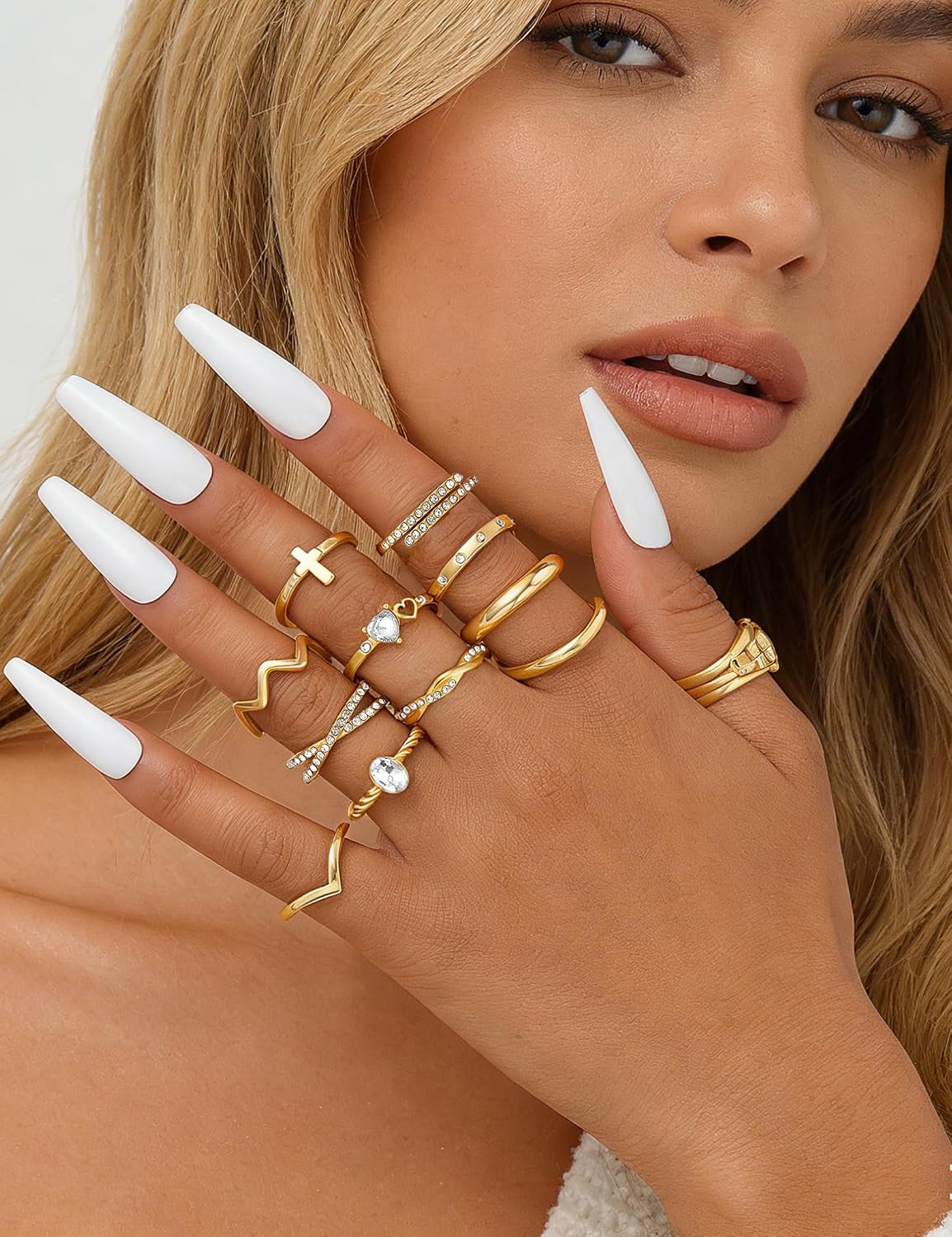 Gold Stackable Rings Set for Women, Gold Plated Chunky Crystal Finger Midi Stacking Rings, Dainty Statement Thumb