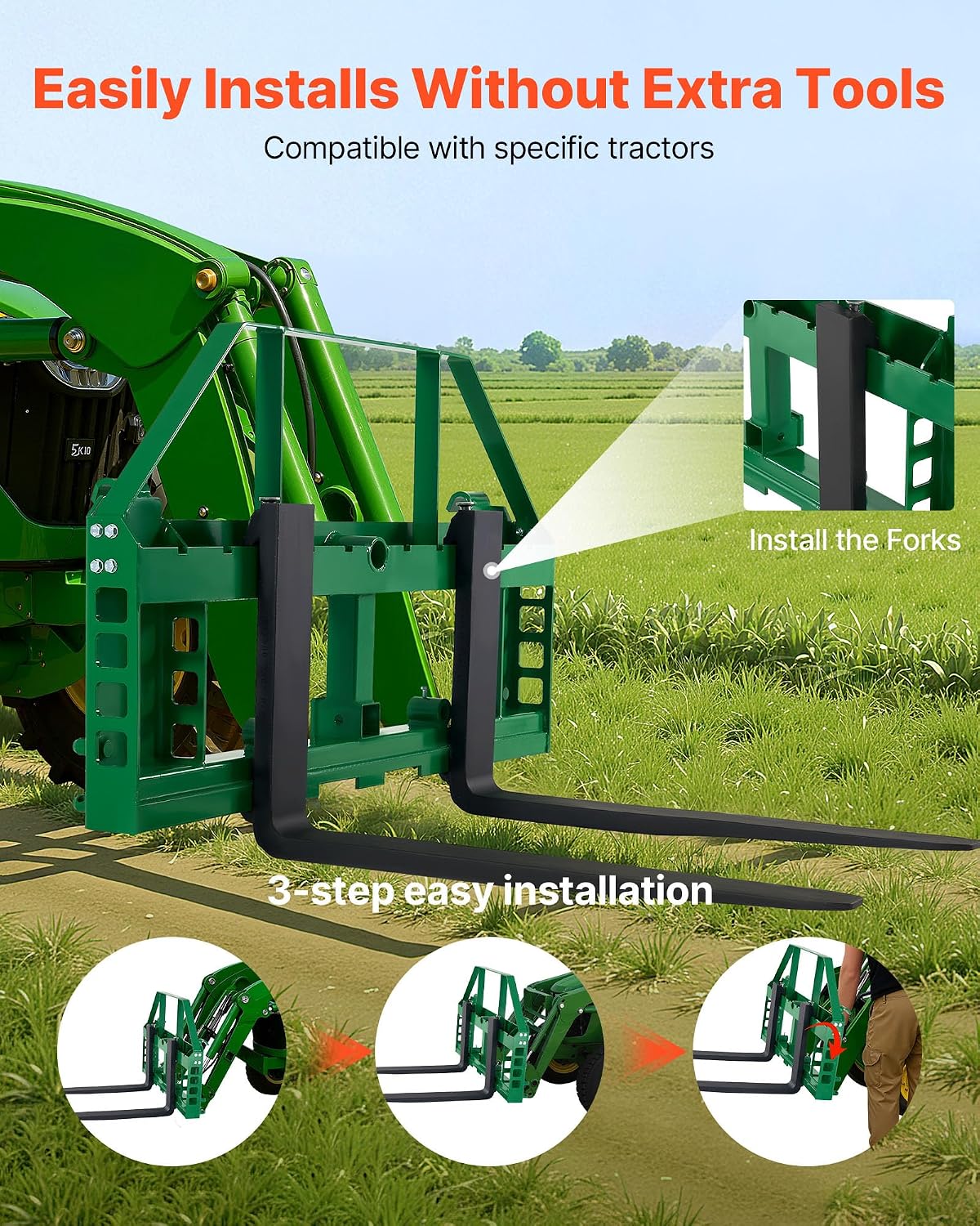 Skid Steer Pallet Forks, 50" Pallet Fork Frame with 48" Fork Blades, 2-inch Hitch Receiver & Spear Sleeves, Rated