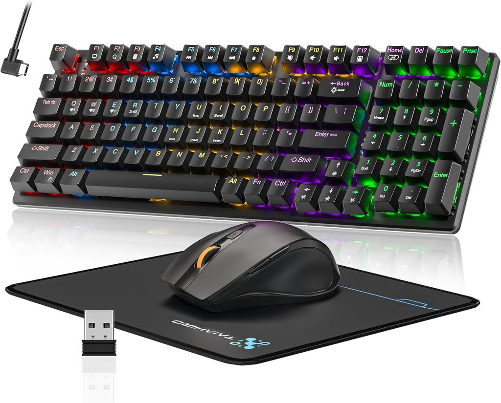Wireless Mechanical Keyboard and Mouse Combo, 98-Key Gaming Keyboard with RGB Backlit, Tri-Mode BT5.0/2.4G/USB-C