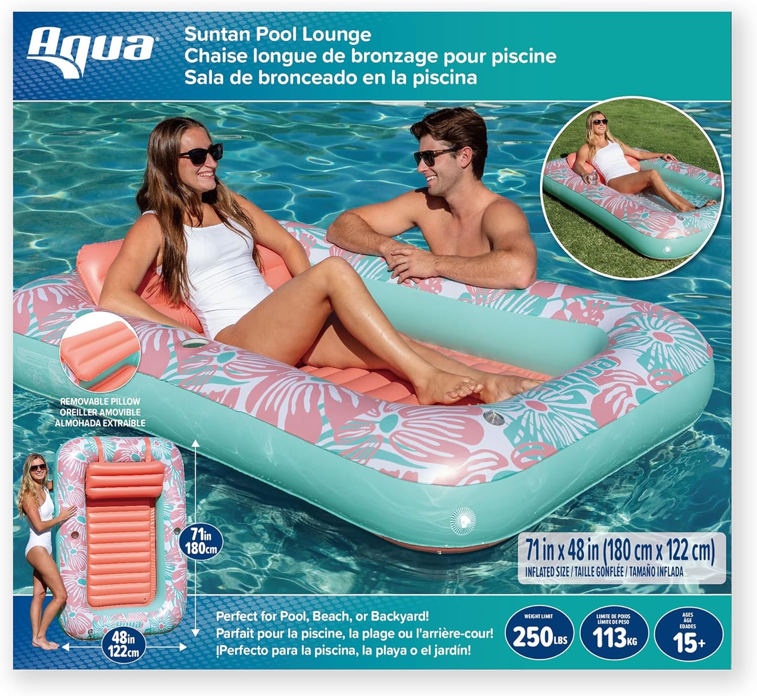 Aqua Inflatable Tanning Pool Lounger, Premium Pool Float with Cupholders and Removeable Pillow for Relaxation and Fun