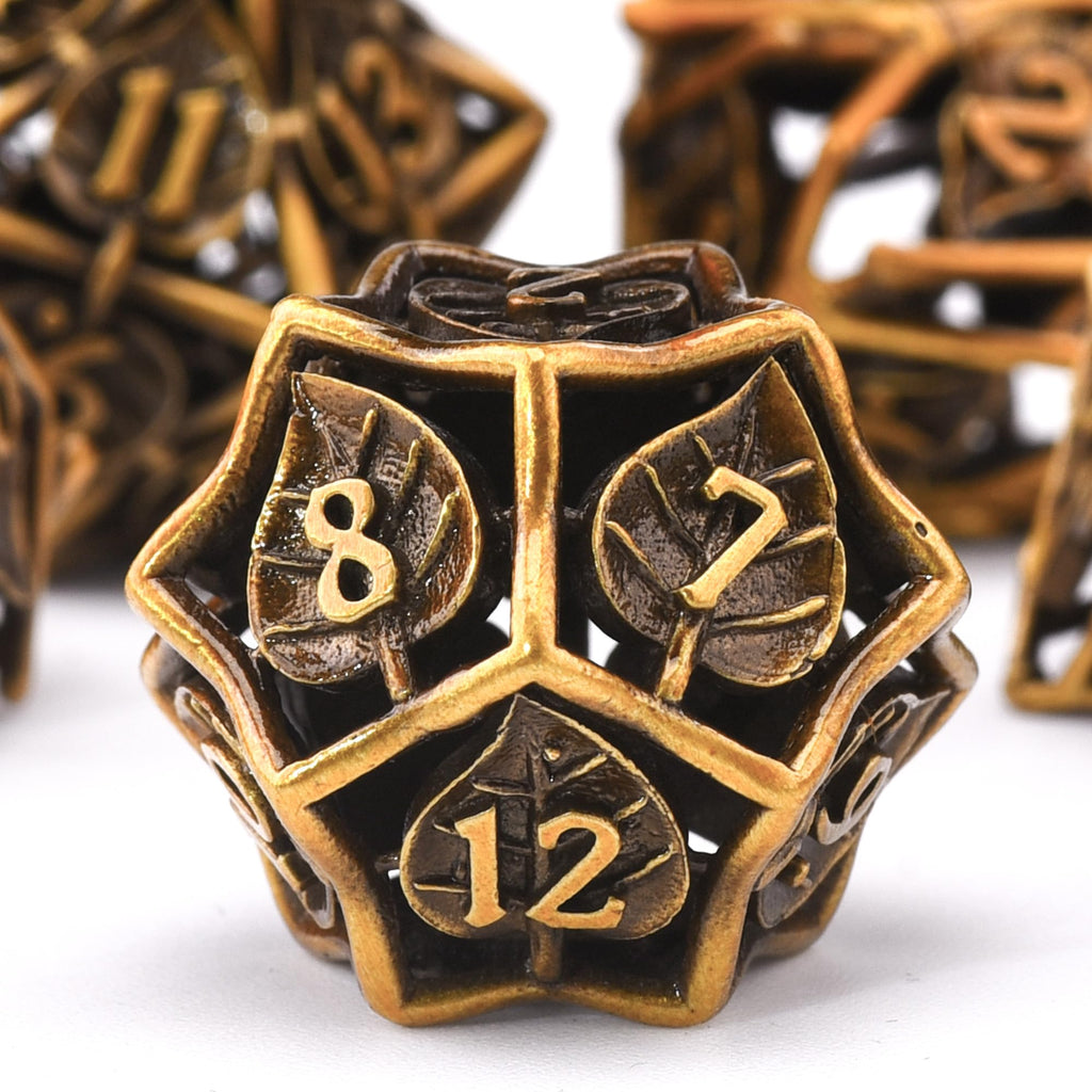 Metal RPG Dice Set 7 Pcs Leaf RPG Dice Hollow Polyhedral Metal Dice