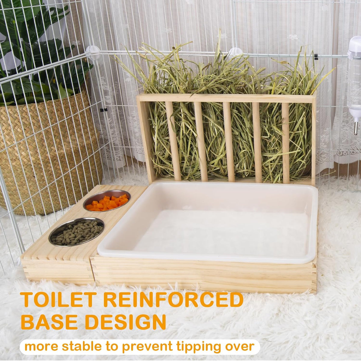 3 in 1 Rabbit Hay Feeder with Litter Box,Wooden Hay Feeder with 2 Bowls & Litter Box for Guinea Pig Chinchilla Bunny