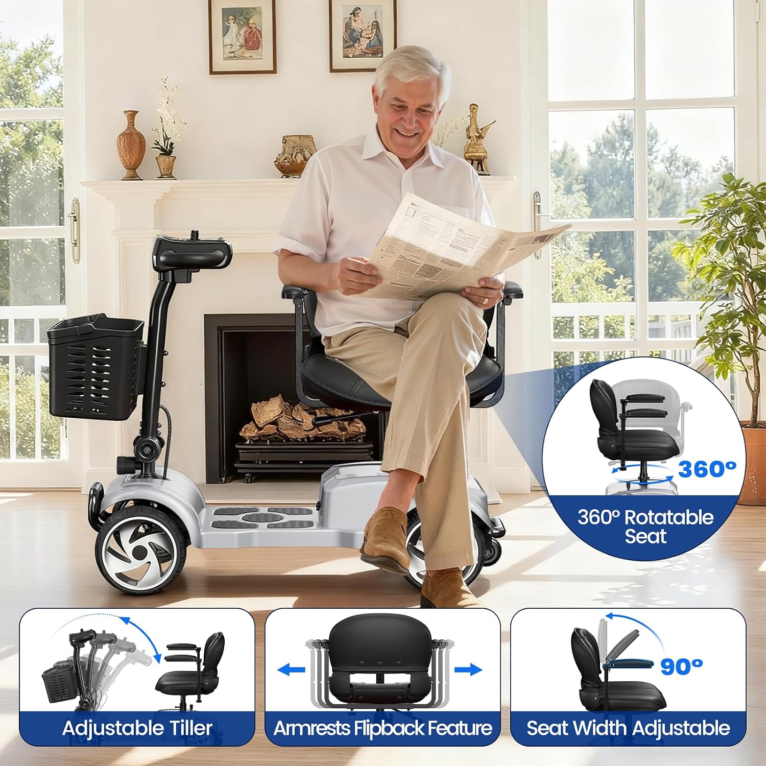 20 Miles 4 Wheel Mobility Scooters for Seniors and Adults, 6.2 MPH, Silver