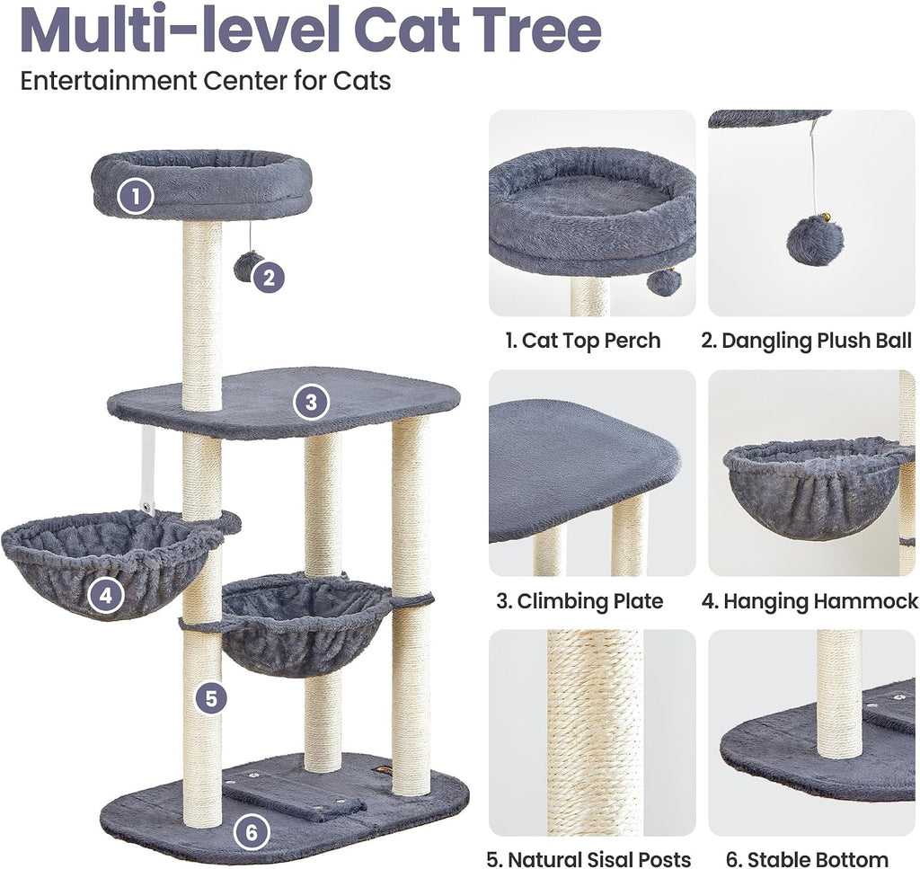 Small Cat Tree Tower with Lots of Scratching Posts - 42 Inch Medium Compact Cats Scratch House with Hammock Perch for