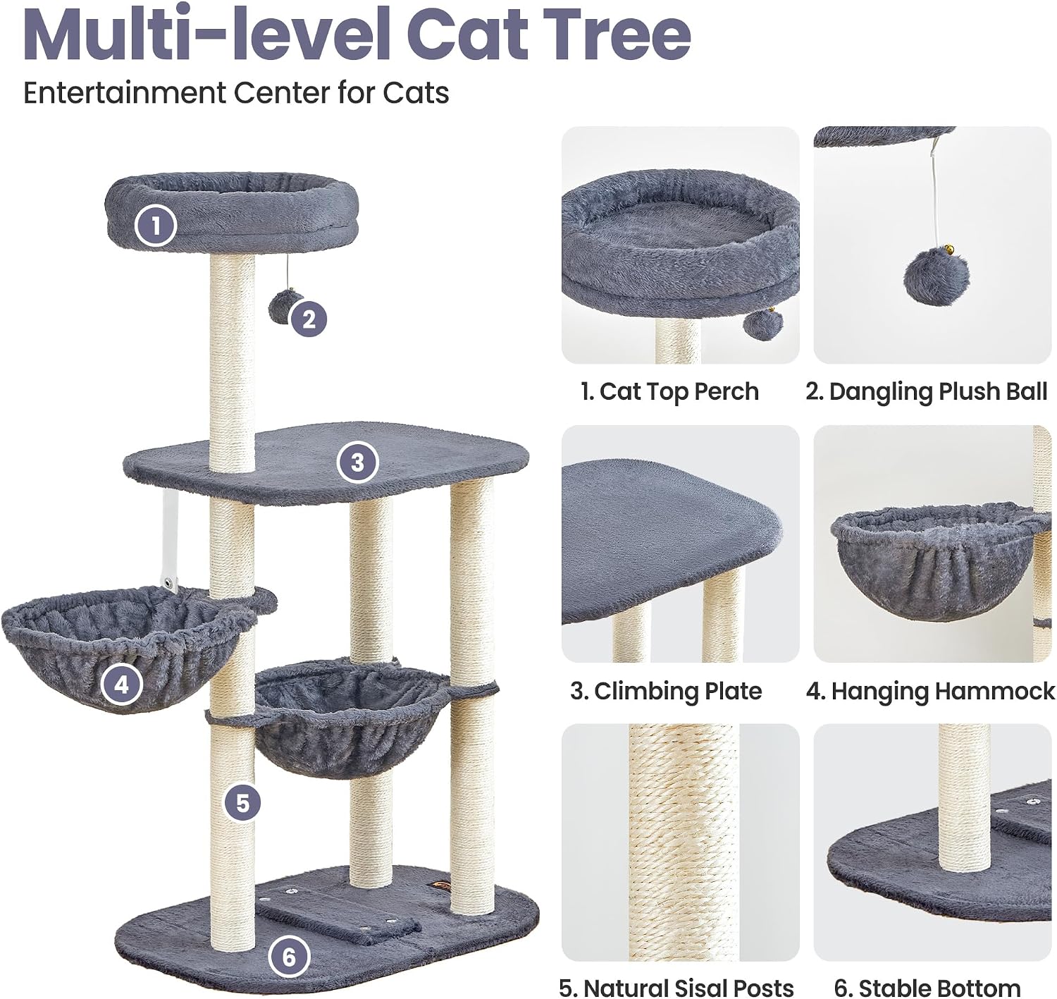 Small Cat Tree Tower with Lots of Scratching Posts - 42 Inch Medium Compact Cats Scratch House with Hammock Perch for
