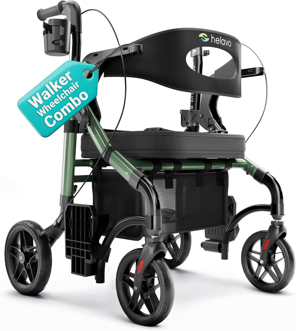 Wide 2 in 1 Walker Wheelchair Combo with 10" All Terrain Wheels, Lightweight Rollator Transport Chair Combo, 300 lbs
