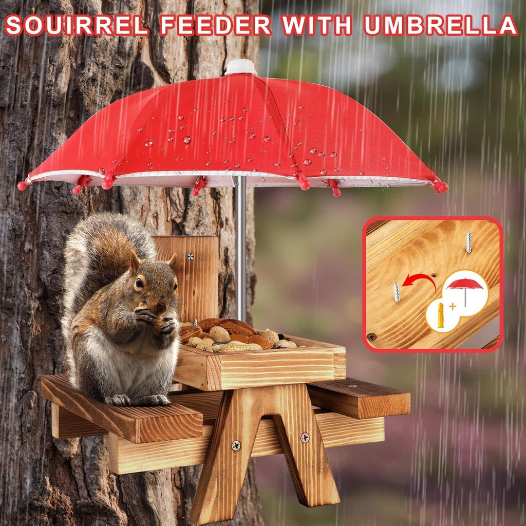 Gnodary Squirrel Feeder with Umbrella, Squirrel Feeders for Outside, Squirrel Picnic Table Feeder - Chipmunk Feeder