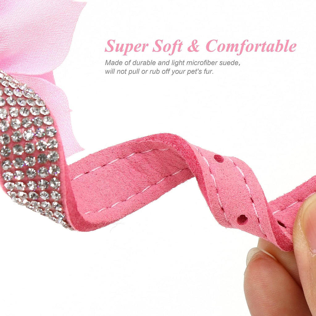 Rhinestone Dog Collar and Leash Set, Sparkling Girl Dog Collars with Bling Diamonds, Soft Suede Leather Pink Puppy
